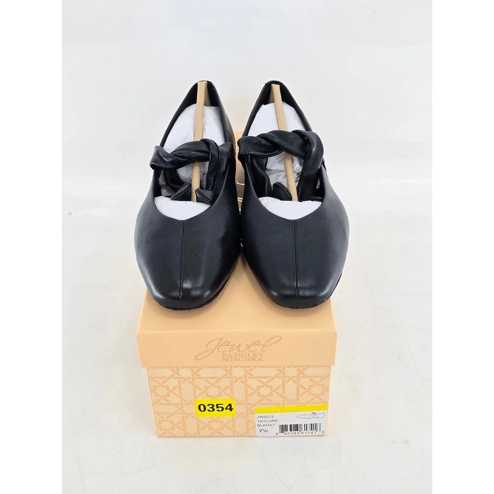 Jewel Badgley Mischka Taylore Flats Womens 7.5 Black Matte Leather Knot - New